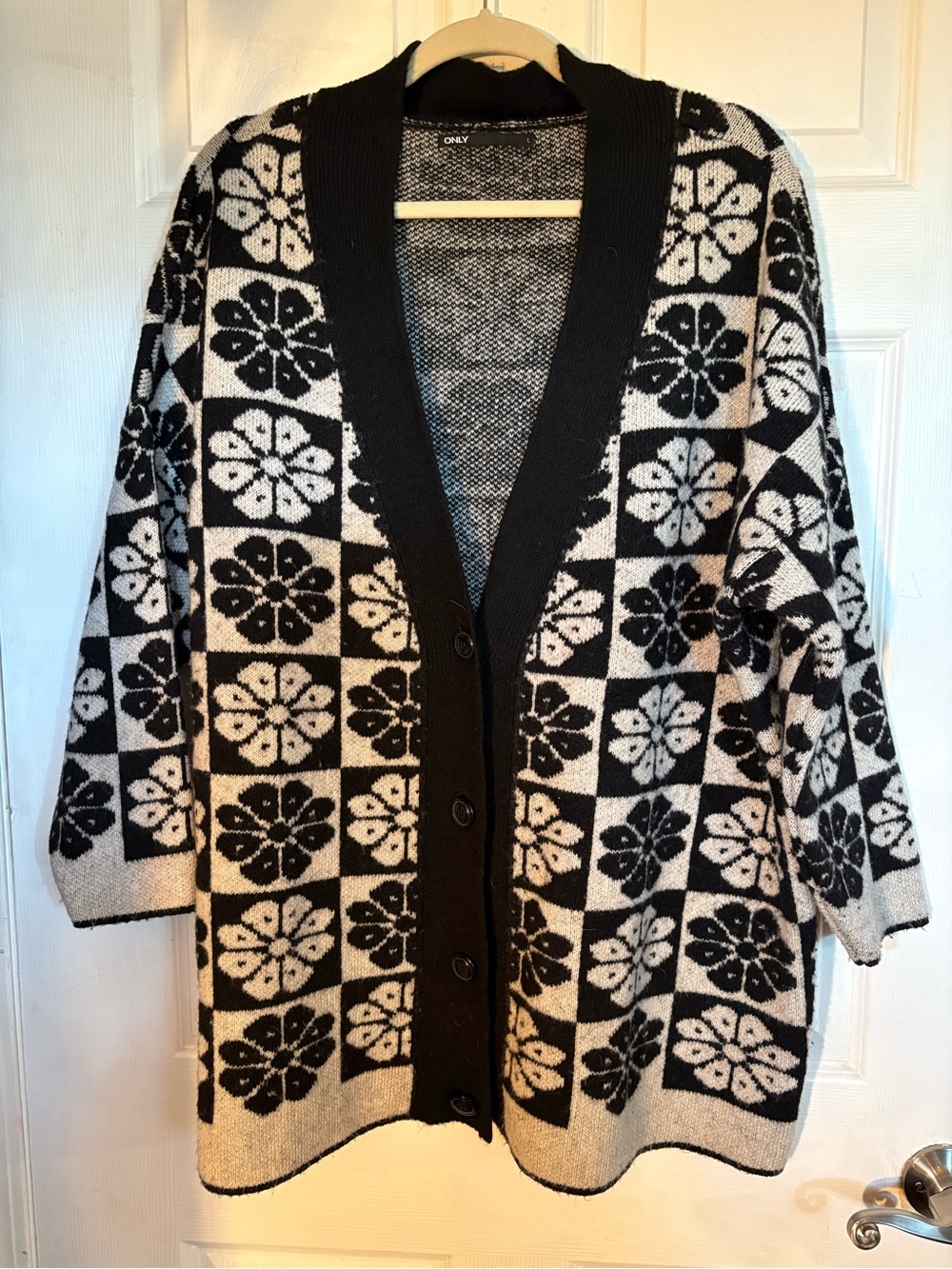 ONLY Black & Cream Floral Check Longline Cardigan